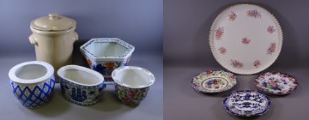 PLANTER POTS - a good reproduction hexagonal planter pot, two other circular pots, an oval pot