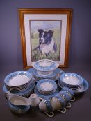 WASHINGTON POTTERY PART DINNER & TEA SERVICE, 40 plus pieces, Blue Riband along with a framed