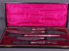GOOD CASED FIVE PIECE MEAT CARVING SET all with brown bone handles