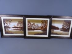 SET OF THREE SEPIA STYLE PRINTS - river/lake scenes, unattributed, 20 x 25cms