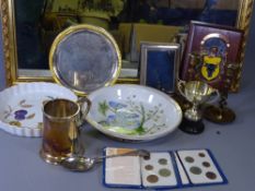 MIXED GROUP OF EPNS & CHINA COLLECTABLES with a gilt framed wall mirror to include a hallmarked