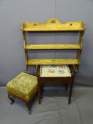 SMALL FURNITURE PARCEL - three items to include an oak open wall rack, a tapestry topped footstool