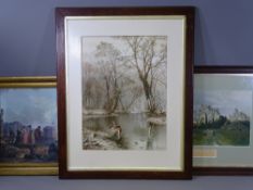 E J DUTTON? watercolour - treescape and lake with watching heron, signed and entitled 'Solitude', 48