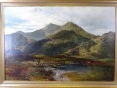 A W WILLIAMS oil on canvas - atmospheric, probably Welsh mountainscape with two figures and a dog