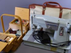 VINTAGE SINGER ELECTRIC SEWING MACHINE with foot pedal and a cantilever sewing box and contents E/T