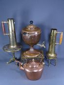 BRASS & COPPERWARE - a parcel to include copper tea urn, kettle, pair of vases and three kettle