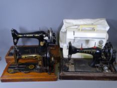 FOUR VINTAGE & OTHER SEWING MACHINES including two Singer cased examples, a Vickers with no case