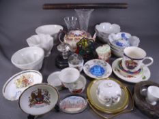 MIXED CHINA - a blue and floral Staffordshire teapot, three white pottery jelly moulds and other
