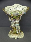 CONTINENTAL FLORAL BEDECKED TWO-HANDLED OVAL BASKET, the column in the form of 'young boy and