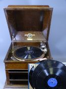OAK CASED COLUMBIA WIND-UP GRAMOPHONE with a small quantity of records