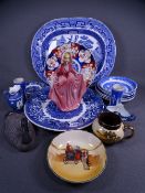 MIXED CHINA & POTTERY - an oval Willow platter and Willow and other blue dishes, a circular Imari