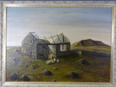 PHILLIP JONES oil on board - ruined mountain cottage with sheep, signed, 64 x 89cms