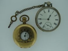 TWO VINTAGE POCKET WATCHES including a gold plated Half Hunter and a white metal cased, open faced