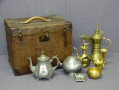 VINTAGE PEWTER & BRASSWARE along with a vintage travel trunk initialled 'W F T', 36cms H, 46.5cms W,
