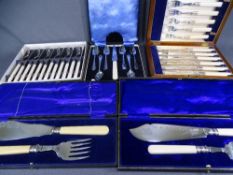 MAHOGANY CASED SET OF BONE HANDLED FISH KNIVES & FORKS, a further set of fish knives and forks,