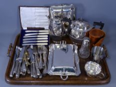 EPNS WARE - a mixed selection including cased and loose cutlery on a two-handled oak tray