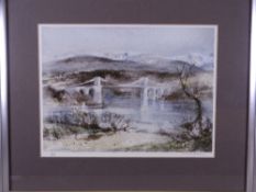 WILLIAM SELWYN coloured limited edition (56/850) print - Menai Straits Suspension Bridge and snow