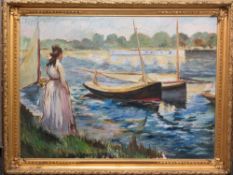 IMPRESSIONIST STYLE ACRYLIC ON BOARD - young woman and child on a riverbank looking at boats in a