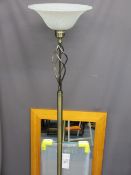 A MODERN BRASS EFFECT UPLIGHTER STANDARD LAMP with two modern mirrors