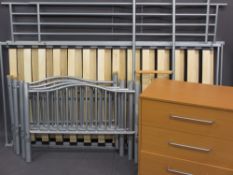 ULTRA MODERN GREY METAL STANDARD SIZE BUNK BED, 195cms L approximately and a modern light wood three