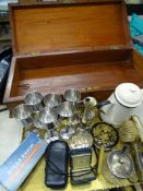 VINTAGE MAHOGANY LIDDED BOX with a quantity of collectables including a boxed Rolls razor, a
