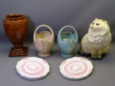 BESWICK BASKETS, a pair, with palm tree decoration (AF), 27cms H, a plaster cat figure, plaster