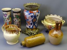 IMARI POTTERY & BRASS LAMP BASE, a pair of Satsuma chimney vases with a selection of English pottery