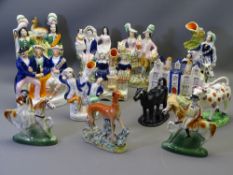 STAFFORDSHIRE FLATBACKS, a quantity and two pottery cow creamers