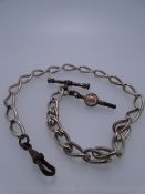 SILVER OPEN LINK ALBERT WATCH CHAIN, elongated links with base metal T-bar, loop and watch key, 1