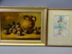 OIL ON BOARD - still life study of fruit near a stoneware jug, indistinctly signed lower left, 23.