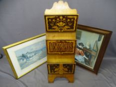 'ARTS & CRAFTS' STYLE STENCIL WORK NEWSPAPER/MAGAZINE STAND and two framed prints including a WARREN