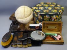 VINTAGE HAT BOX with fur hat and stole contents along with ebony dressing table items and brushes,