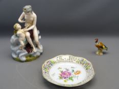 MEISSEN FIGURE GROUP, 27cms H (AF), a small Meissen Goldfinch and a decorative plate, 23cms D
