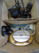 VINTAGE CAST IRON & OTHER FIRE SIDE IMPLEMENTS, a quantity of horse brasses, inlaid and other