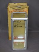 SATIN ALUMINIUM, CHROME & GLASS COUNTERTOP DISPLAY CABINET with locking door and three interior