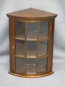 NEAT REPRODUCTION MAHOGANY WALL HANGING CORNER CUPBOARD, glass fronted, 65.5cms H, 51cms W