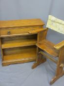 VINTAGE PEG JOINTED VICAR'S CHAIR and a polished bookcase with single drawer