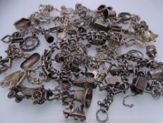 FIFTY PLUS SILVER & WHITE METAL CHARMS, bracelets and part bracelets, 7.26 troy ozs gross