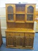 MODERN PINE GLASS TOPPED DRESSER, 182cms H, 118cms W, 44cms D