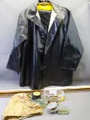 VINTAGE THREE PART FLY FISHING ROD with aluminium reel and associated lures together with a black