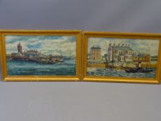 E P SIMMS oils on board, a pair - Primitive School, urban views of aside the Mersey River, signed