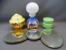 FOUR ART DECO & LATER DECORATIVE CEILING LIGHTSHADES and three vintage bevelled and cut edge