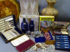 MIXED COLLECTABLES to include cased cutlery, Bristol blue glass bottles, Italian inlaid serving