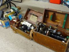 ENGINEER'S, SURVEYOR'S VINTAGE CASED THEODOLITES, tripod stand, measuring sticks and associated