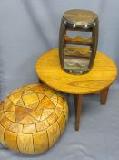 FURNITURE ASSORTMENT - a leather upholstered pouffe, a circular occasional table and a rustic effect