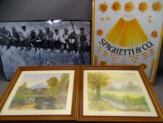 A GANNON watercolours, a pair of countryside scenes, 22 x 27cms and two reproduction enamel posters,