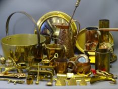 VINTAGE COPPER & BRASSWARE including an iron handle jam pan of smaller ornamental brass and