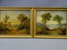 S DAVIES oils on board, a pair - landscape with figures and a lakeside view with figures and