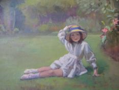 HARRY J PEARSON oil on canvas on stretcher - bonneted girl in the garden, stamped verso 'Thomson