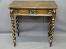 19TH CENTURY OAK SIDE TABLE with single end drawer and lion mask front detail on open twist